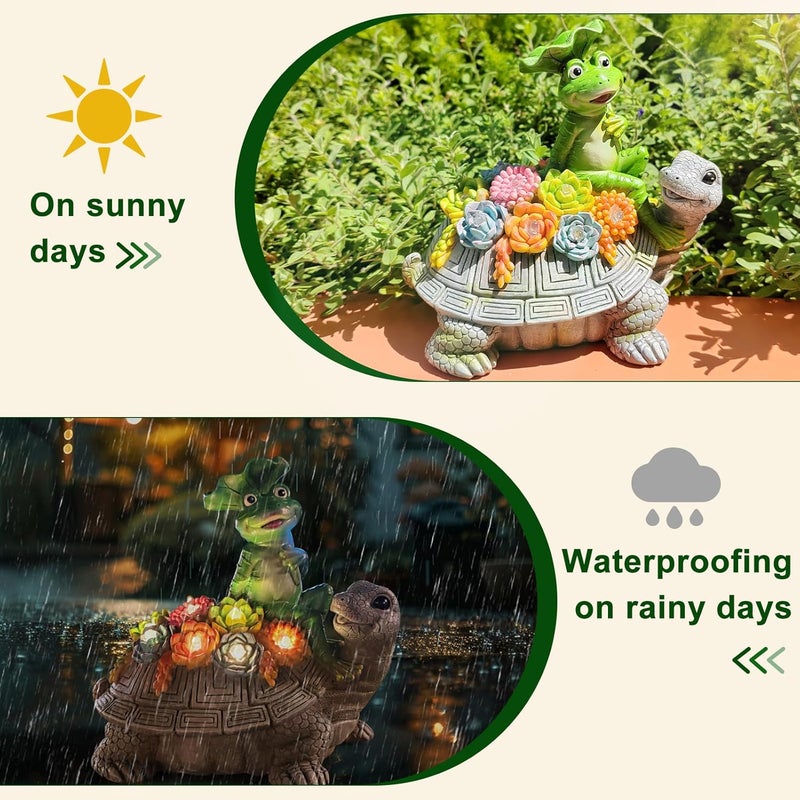 ILLUMINEW Solar Garden Outdoor Statues Turtle& Frog with Succulent and 8 LED Lights, Turtle Carrying Lotus Leaf Frog Figurines, Lawn Decorations for Patio Yard Gifts for Mom Grandma Housewarming - Image 3